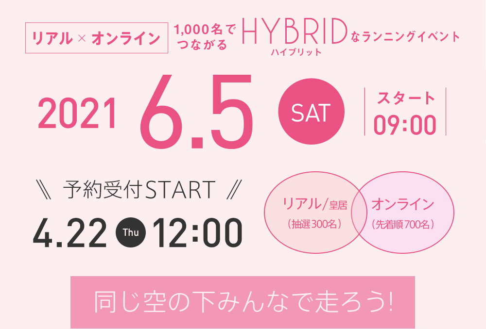 2021年6月5日（土曜日）9時スタート 予約受付START 2021年4月22日（木曜日）12時 同じ空の下みんなで走ろう！