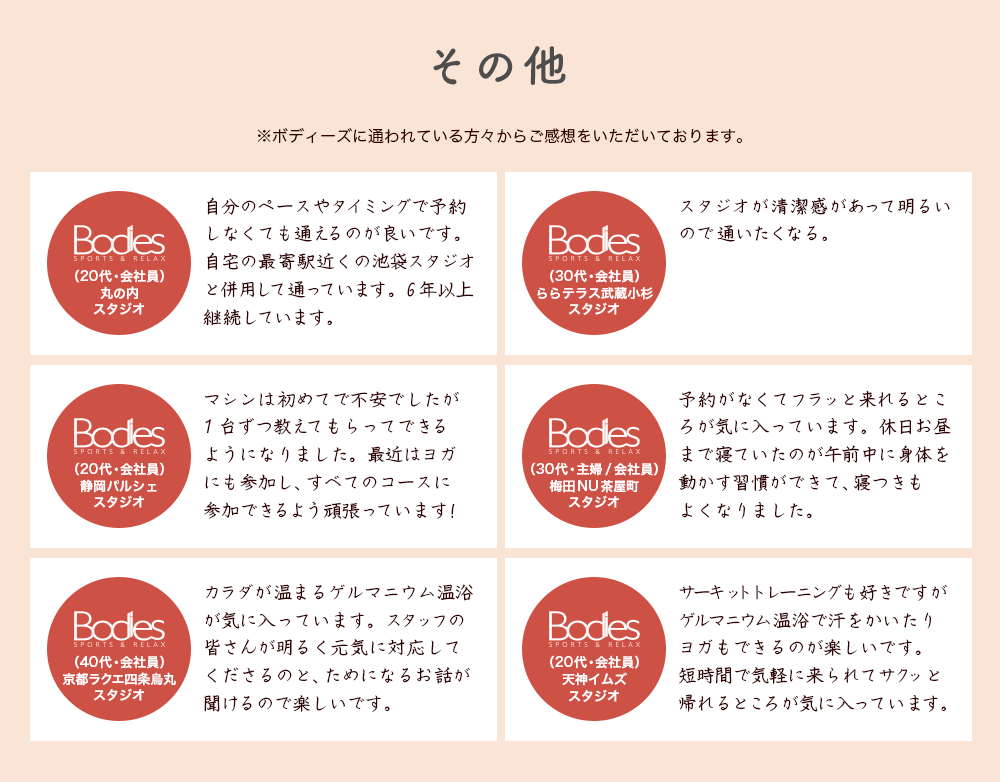※ボディーズに通われている方々からご感想をいただいております。 （20代・会社員） 丸の内スタジオ 自分のペースやタイミングで予約しなくても通えるのが良いです。自宅の最寄駅近くの池袋スタジオと併用して通っています。6年以上継続しています。 （30代・会社員） ららテラス武蔵小杉スタジオ スタジオが清潔感があって明るいので通いたくなる。 （20代・会社員） 静岡パルシェスタジオ マシンは初めてで不安でしたが1台ずつ教えてもらってできるようになりました。最近はヨガにも参加し、すべてのコースに参加できるよう頑張っています！ （30代・主婦/会社員） 梅田NU茶屋町スタジオ 予約がなくてフラッと来れるところが気に入っています。休日お昼まで寝ていたのが午前中に身体を動かす習慣ができて、寝つきもよくなりました。 （40代・会社員） 京都ラクエ四条烏丸スタジオ カラダが温まるゲルマニウム温浴が気に入っています。スタッフの皆さんが明るく元気に対応してくださるのと、ためになるお話が聞けるので楽しいです。 （20代・会社員） 天神イムズスタジオ サーキットトレーニングも好きですがゲルマニウム温浴で汗をかいたりヨガもできるのが楽しいです。短時間で気軽に来られてサクッと帰れるところが気に入っています。