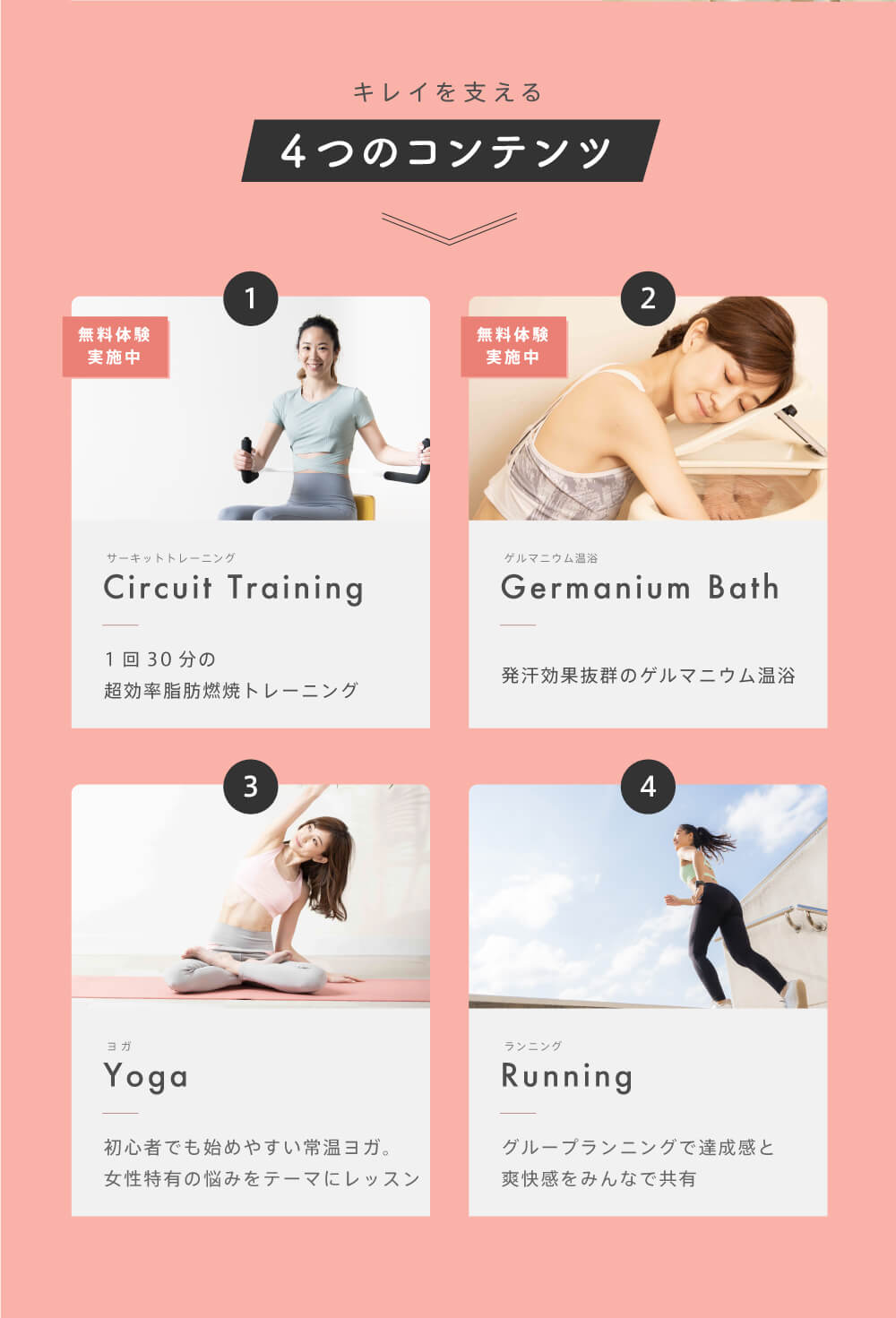 サーキットトレーニング:1回30分の超効率脂肪燃焼トレーニング・ゲルマニウム温浴:発汗効果抜群のゲルマニウム温浴・ヨガ:初心者でも始めやすい常温ヨガ。女性特有の悩みをテーマにレッスン
・ランニング:グループランニングで達成感と爽快感をみんなで共有